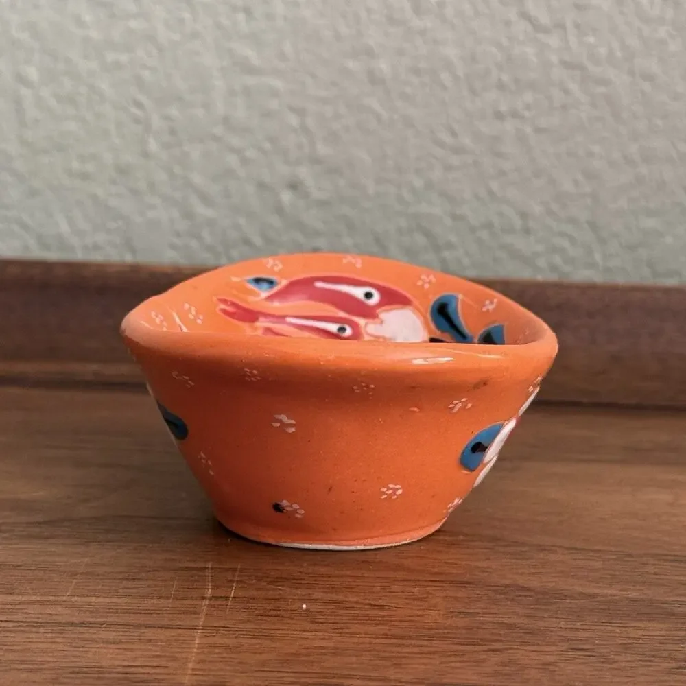 Hand Painted Orange Multicolor Floral Oval Ceramic Bowl, 2 in Tall